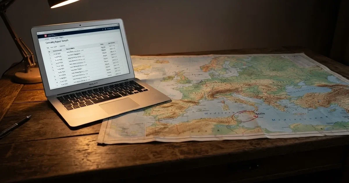 Mapa Europy rozłożona na biurku z zaznaczoną Maltą, obok laptop z otwartym publicznym rejestrem licencji regulatora