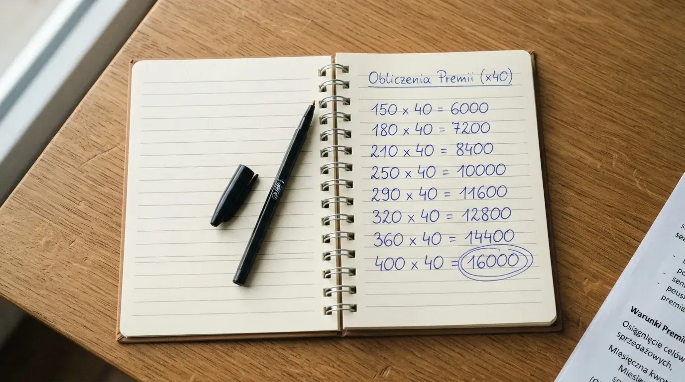 Notes z odręcznie wyliczonym mnożeniem kwoty bonusu leżący obok długopisu na biurku.